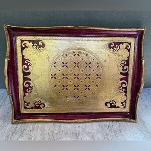 Italian Florentine Sezzattini Wooden Tray Burgundy and Gold Platter Vintage